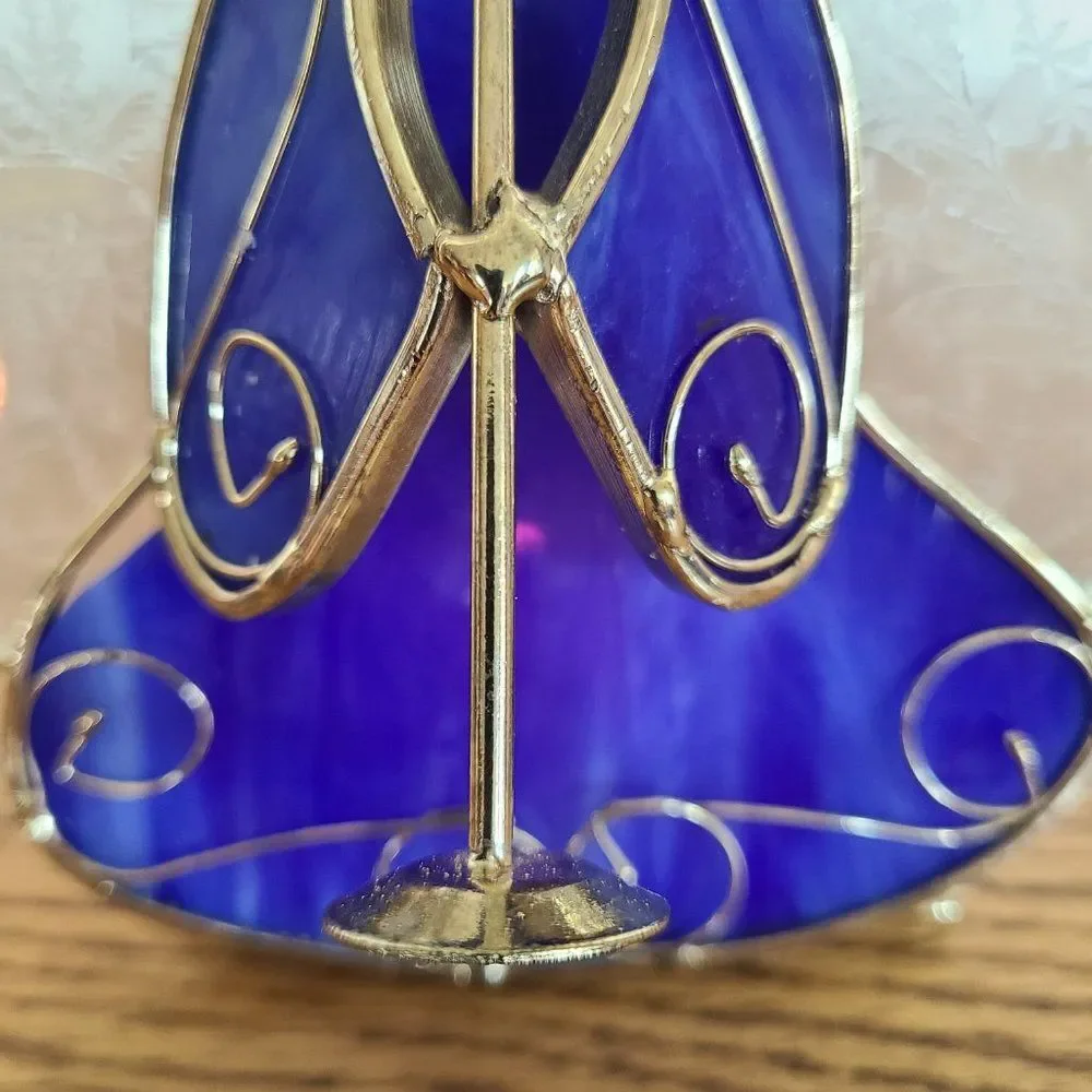 Vintage Stained Glass Tealight Holder Angel Trumpet Candle Display Cobalt Blue